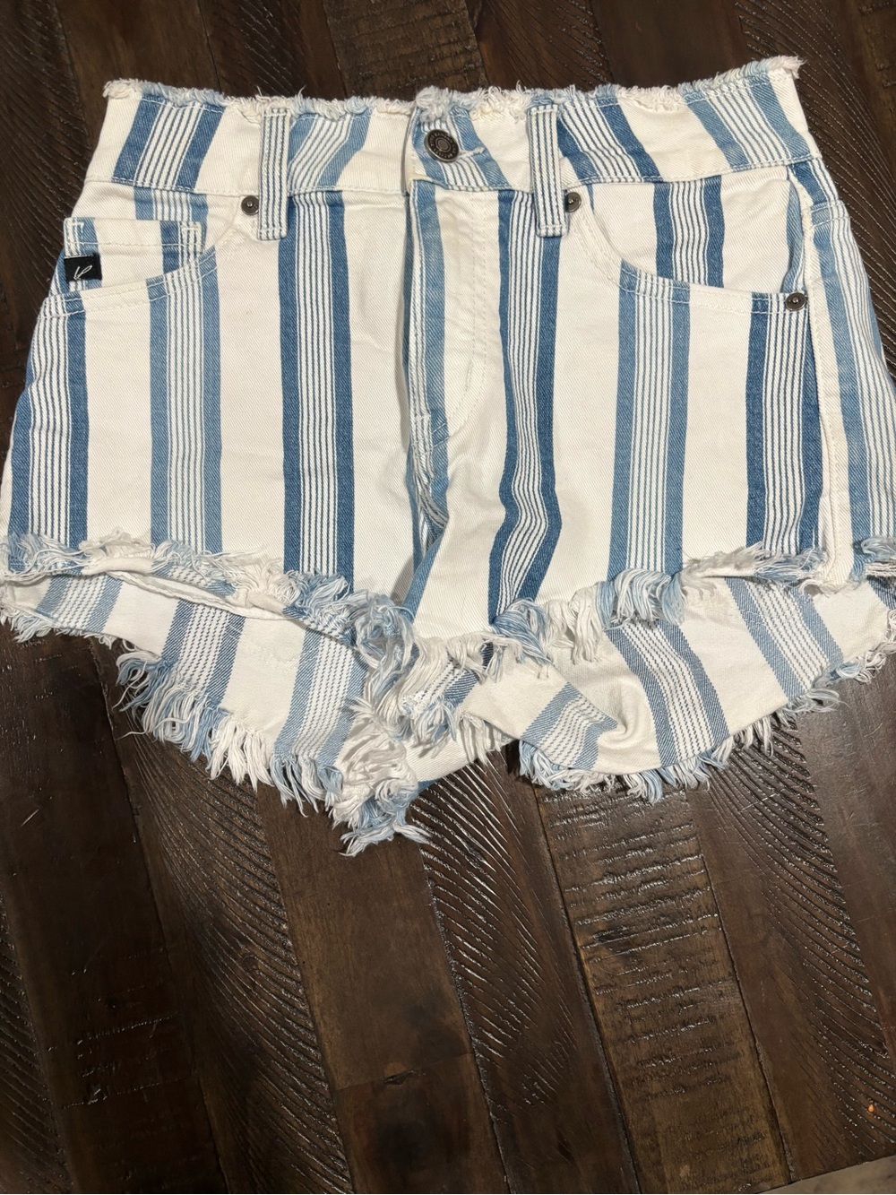 KanCan Frayed High-Rise Stripe Jean Shorts - White & Light Blue